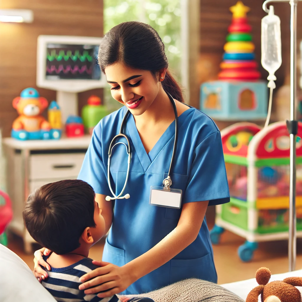 Indian nurse in a pediatric ward attending to a child patient