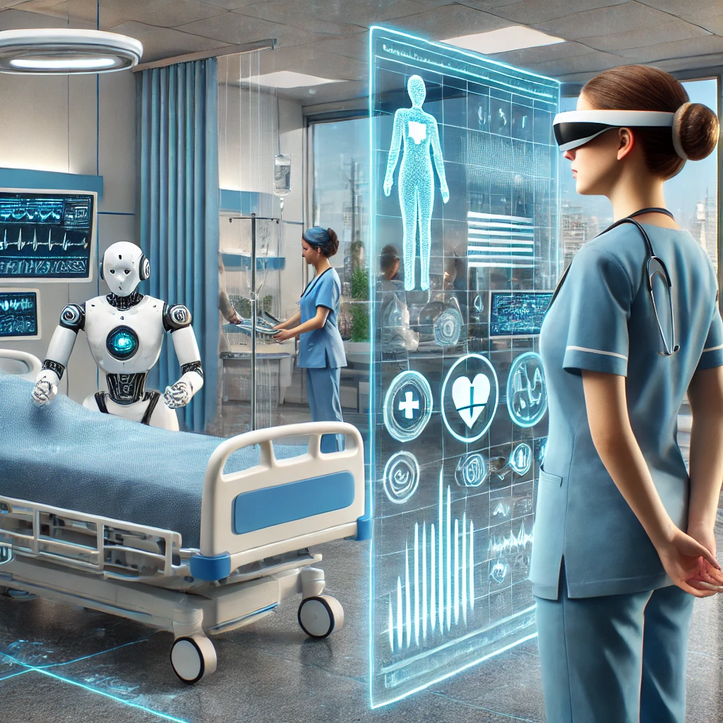 A futuristic depiction of nursing practices and healthcare innovations in 2030.