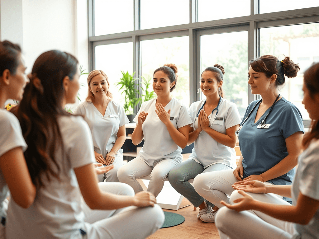 A group of nurses in a wellness workshop, sharing ideas and practicing relaxation techniques.