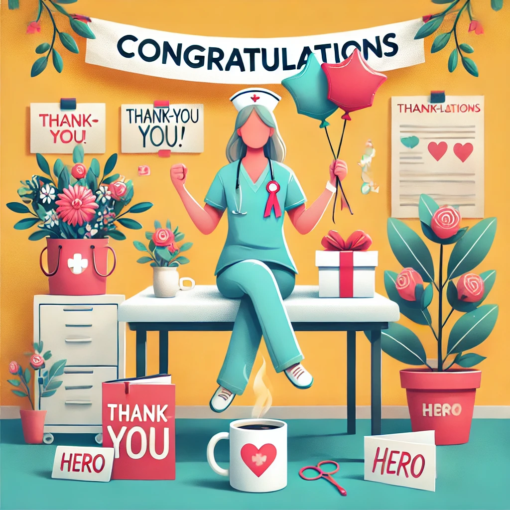 Illustration of a nurse celebrating in a bright hospital breakroom, surrounded by symbols of achievement like flowers, a thank-you card, and a coffee mug with "Hero" written on it. Balloons and a banner reading "Congratulations" add to the festive atmosphere.