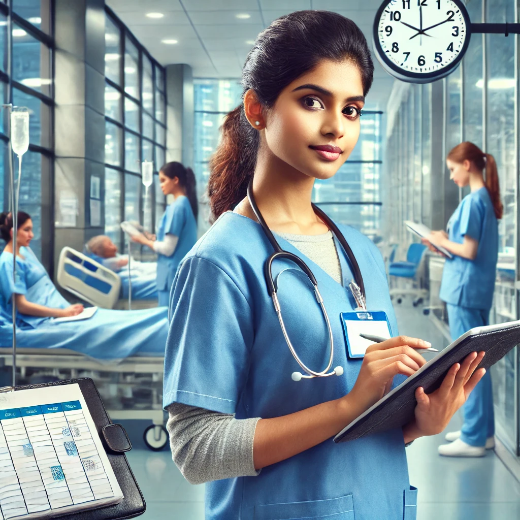 DALL·E 2025 01 04 23.44.12 A visually appealing image showing a young Indian nurse organizing her tasks on a digital tablet in a hospital setting. The background features a well