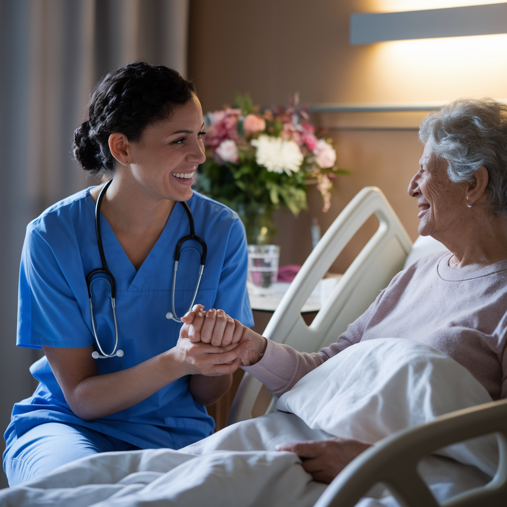 A nurse providing emotional support to an elderly patient by holding their hand and offering a warm, reassuring smile.