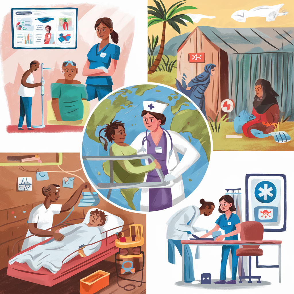 Illustration of a nurse addressing global health crises in diverse settings, showcasing their critical role in healthcare.