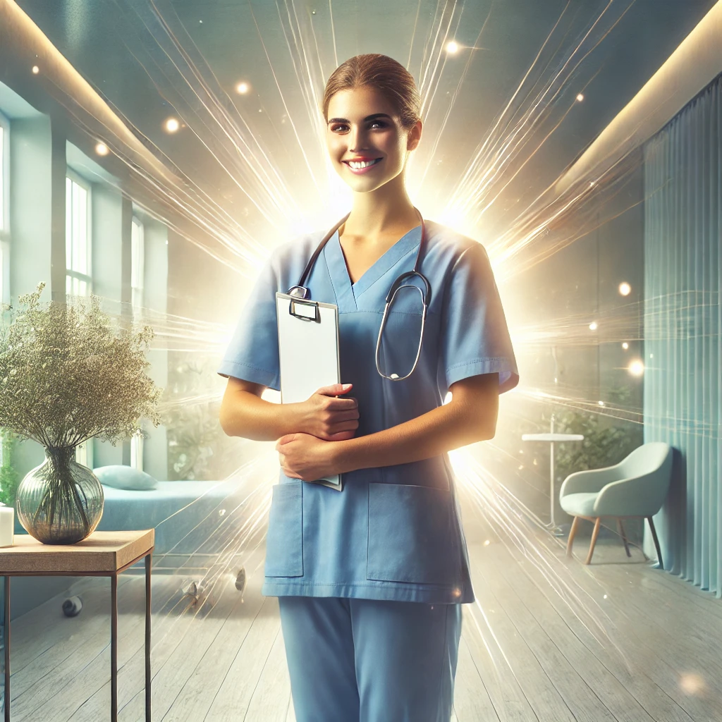 Confident nurse in a calm hospital setting, holding a clipboard, wearing professional scrubs, and surrounded by soft lighting with wellness elements in the background.