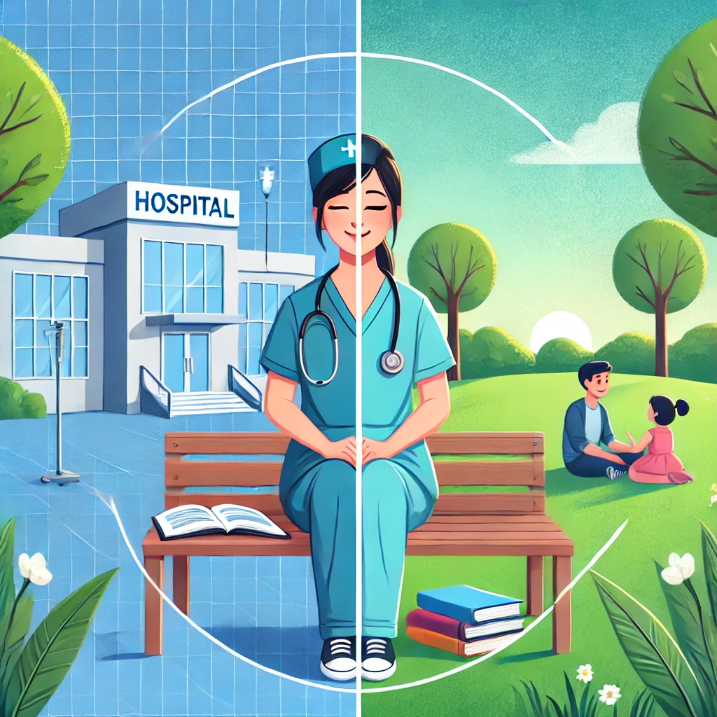 Illustration of a nurse in scrubs sitting on a park bench, symbolizing work-life balance, with a peaceful hospital scene on one side and a family or leisure scene on the other, surrounded by calming blue and green tones.