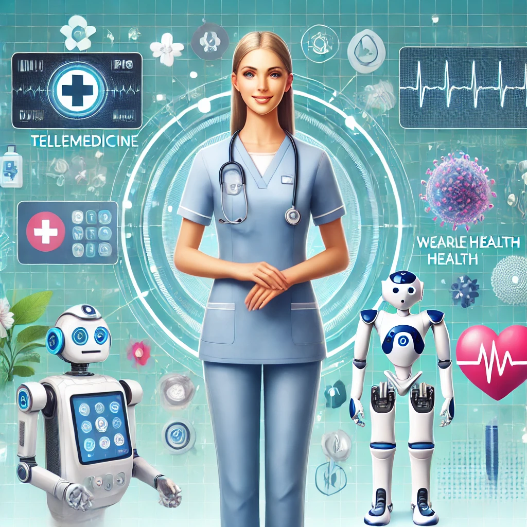 A nurse surrounded by healthcare innovations including telemedicine, AI tools, robotic assistants, and wearable health devices in a futuristic hospital setting