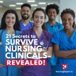 Nursing students smiling in scrubs with text: 21 Secrets to Survive Clinicals | NursingExpert.in